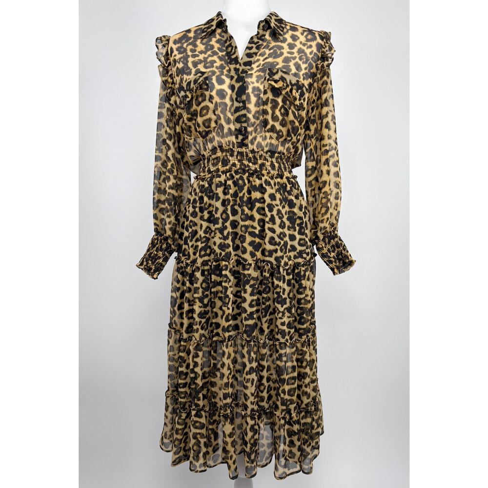 Misa Los Angeles Leopard Print Midi Dress Size Small Boho Statement Flowy Sheer